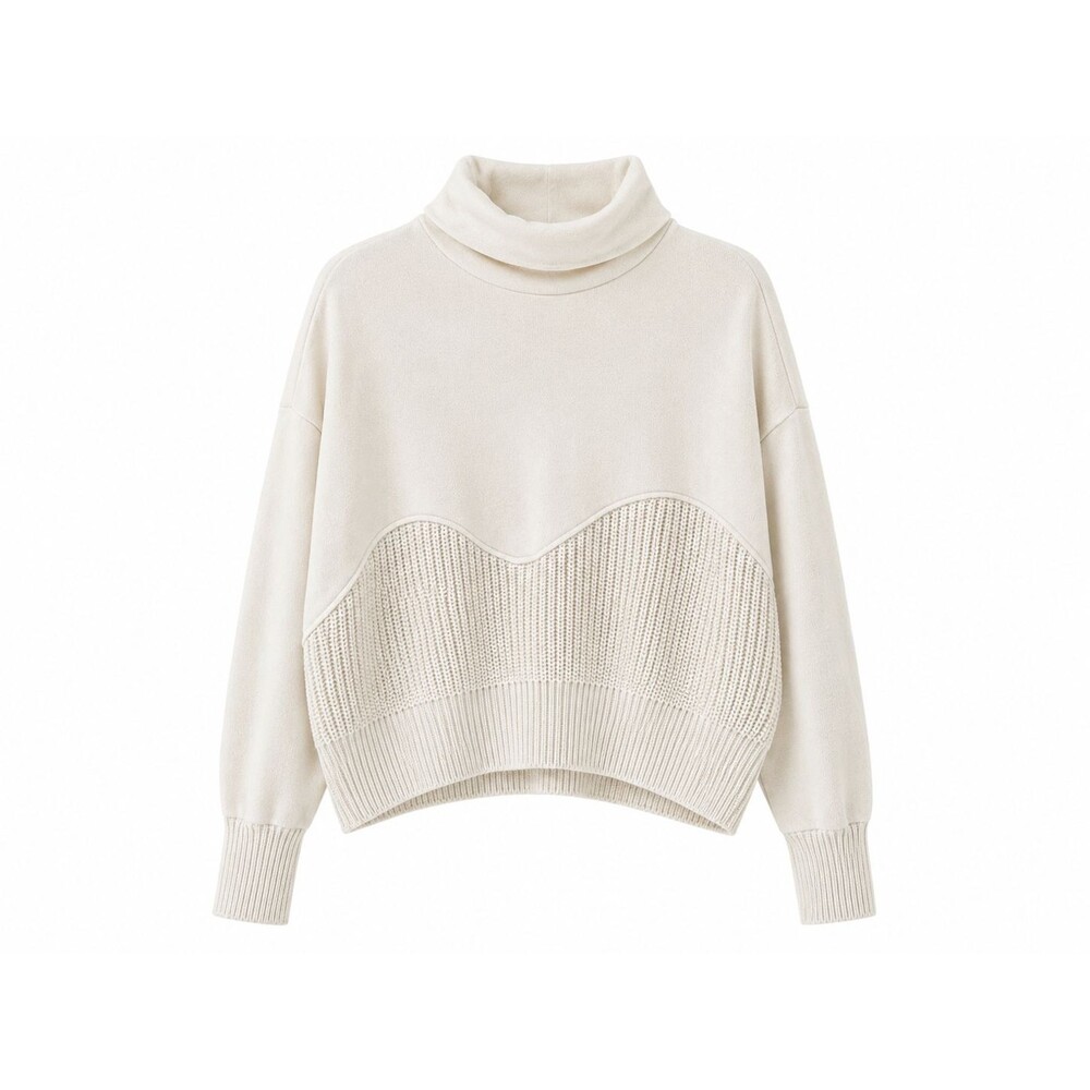 Women's Zara Creme Mixed Knit Turtleneck Cropped Sweater Size L